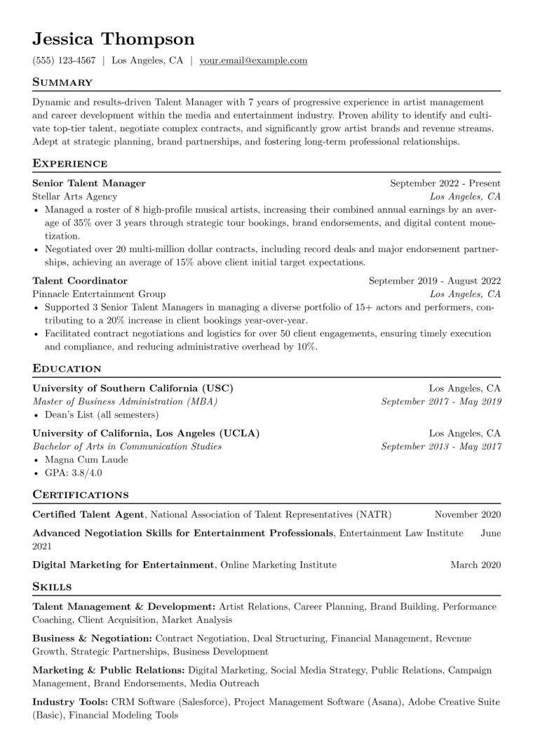 Talent Manager Resume Example CV template preview