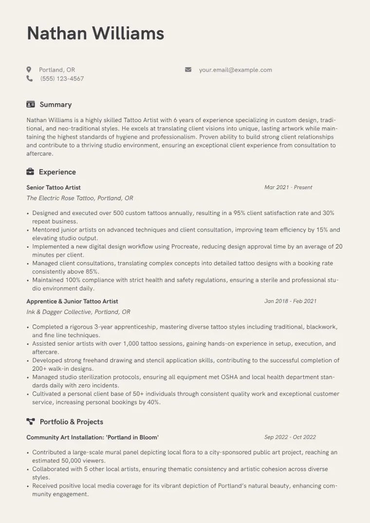 Tattoo Artist Resume Example CV template preview