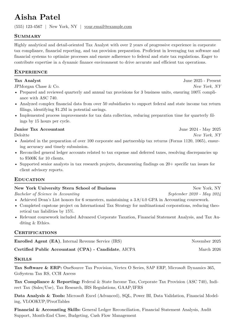 Tax Analyst Resume Example CV template preview