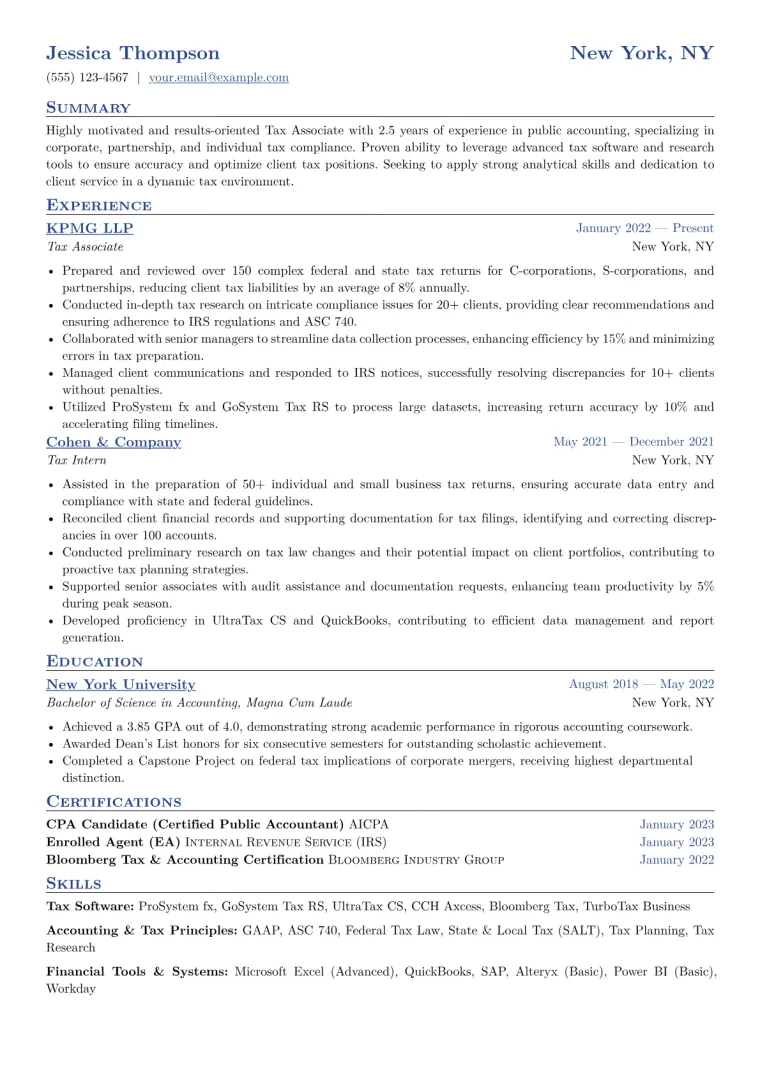 Tax Associate Resume Example CV template preview