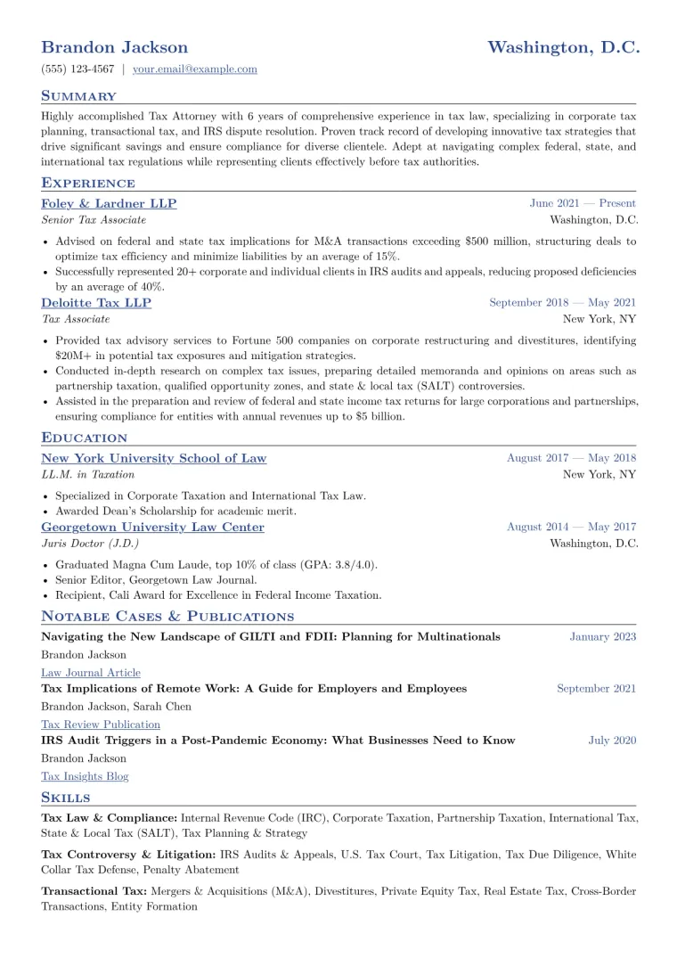 Tax Attorney Resume Example CV template preview