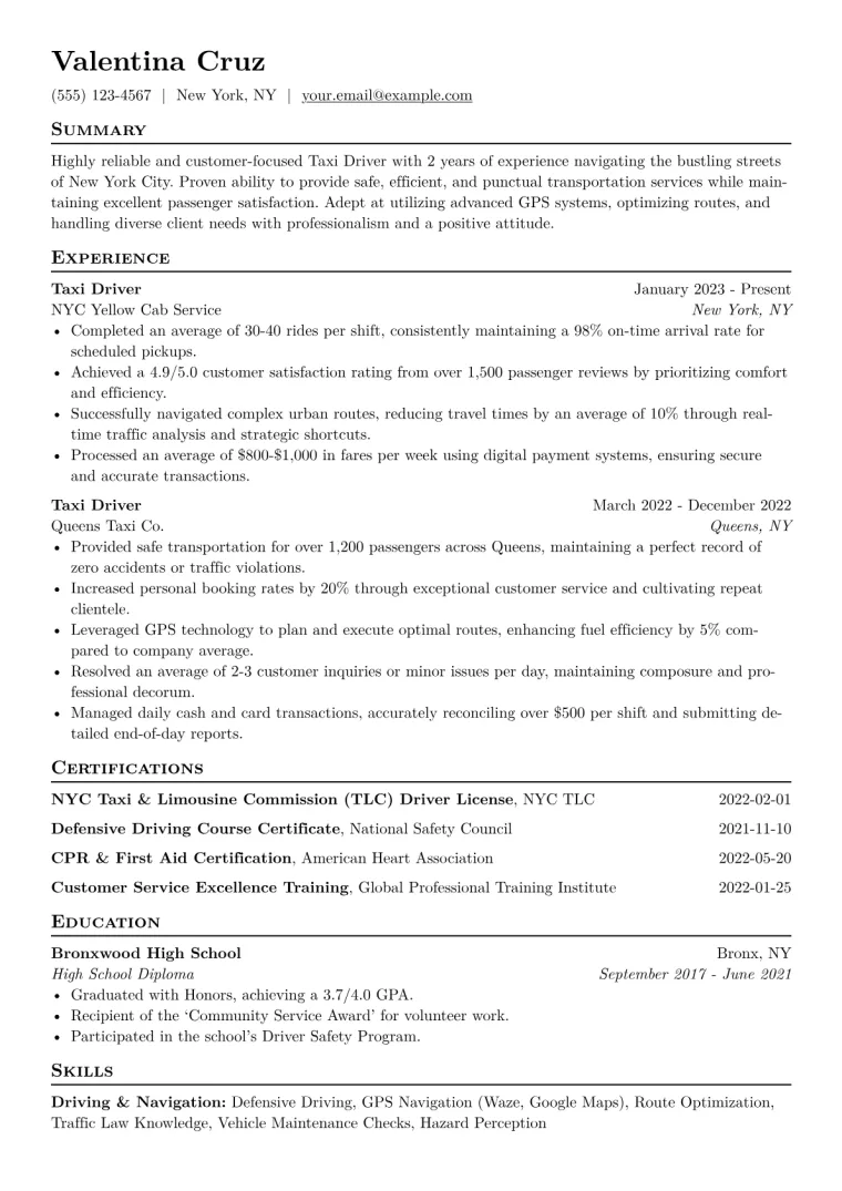 Taxi Driver Resume Example CV template preview