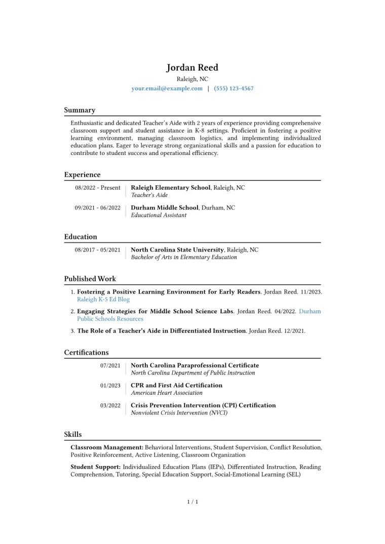 Teacher's Aide Resume Example CV template preview