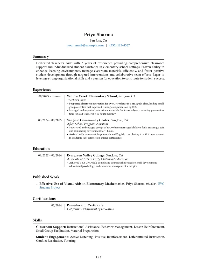 Teacher's Aide Resume Example CV template preview