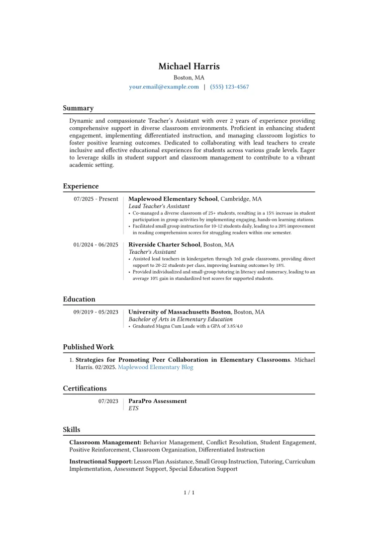 Teacher's Assistant Resume Example CV template preview