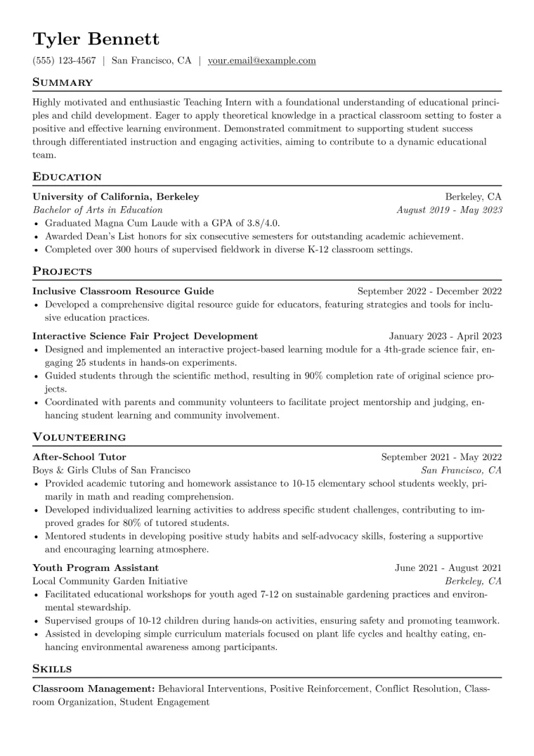 Teaching Intern Resume Example CV template preview
