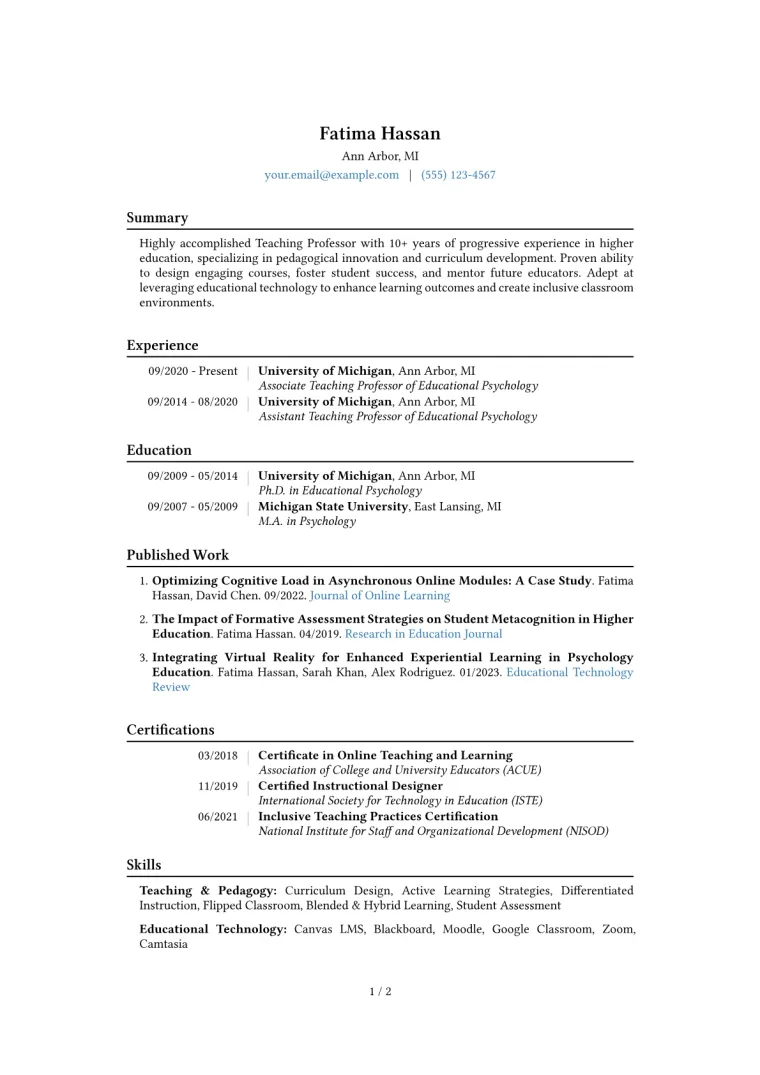 Teaching Professor Resume Example CV template preview