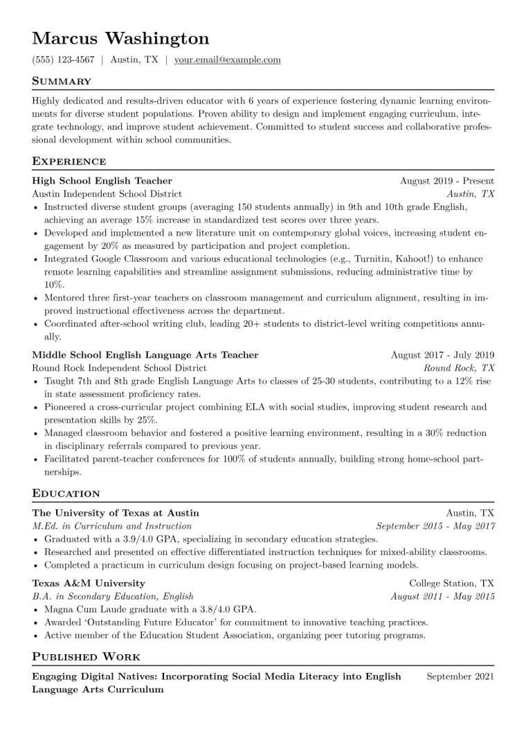 Teaching Resume Example CV template preview
