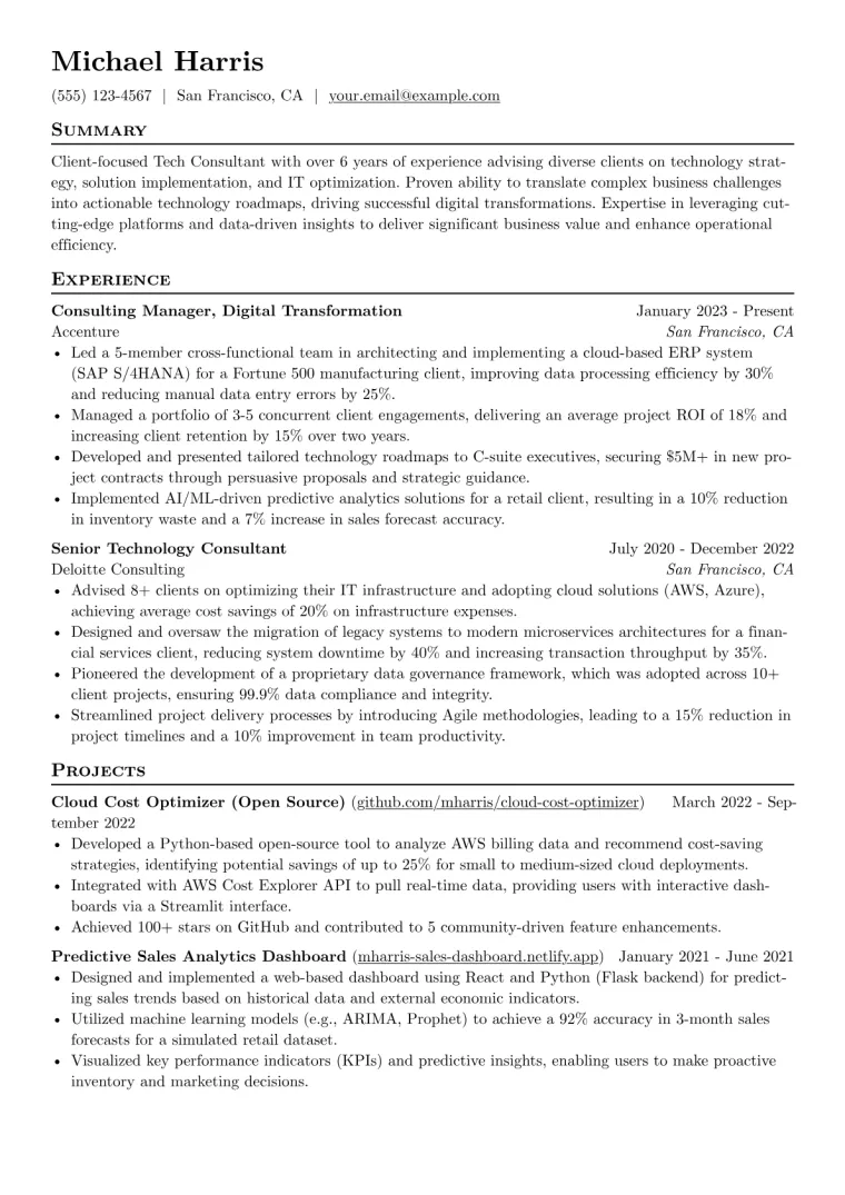 Tech Consultant Resume Example CV template preview