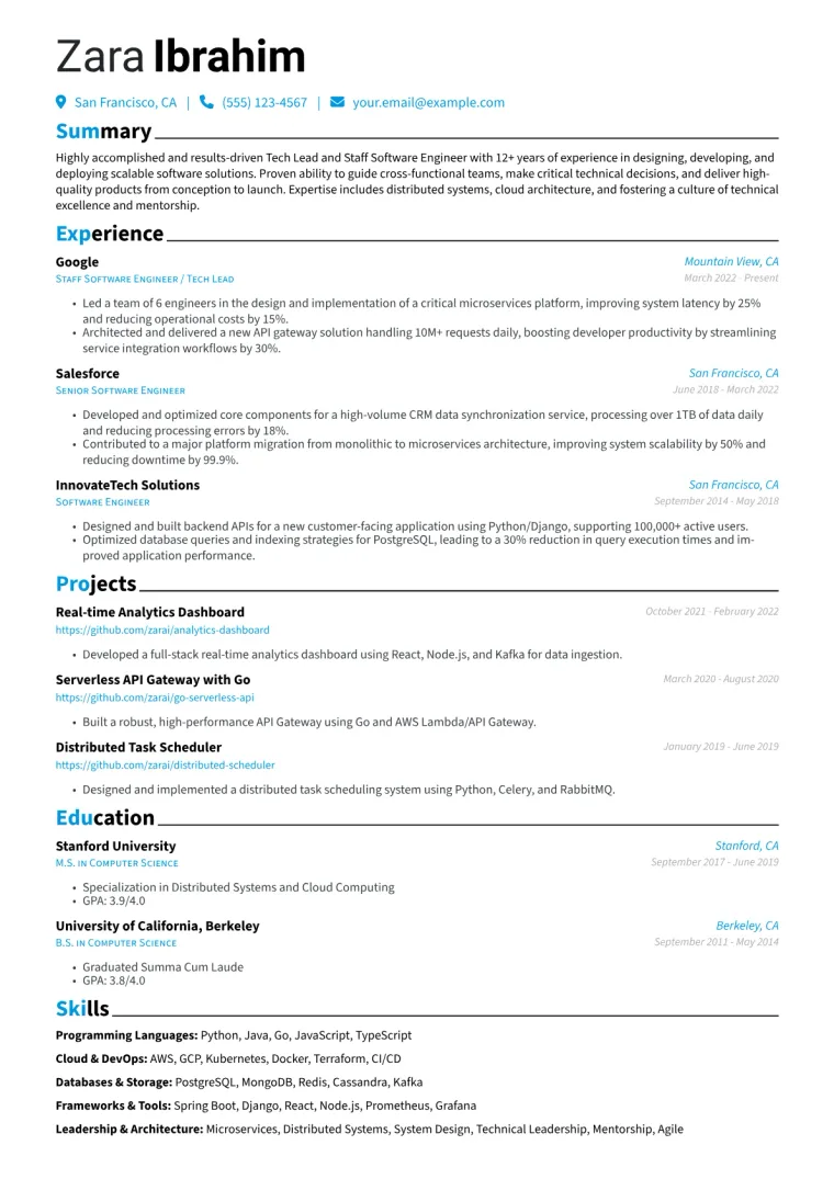 Tech Lead Resume Example CV template preview