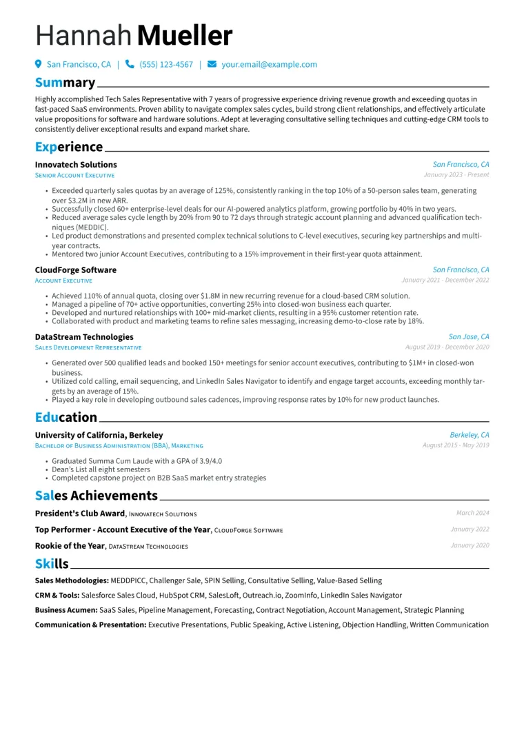 Tech Sales Representative Resume Example CV template preview
