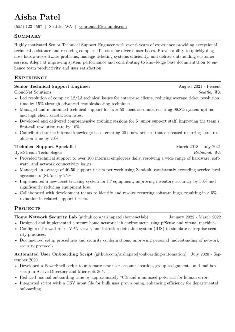 Tech Support Resume Example CV template preview