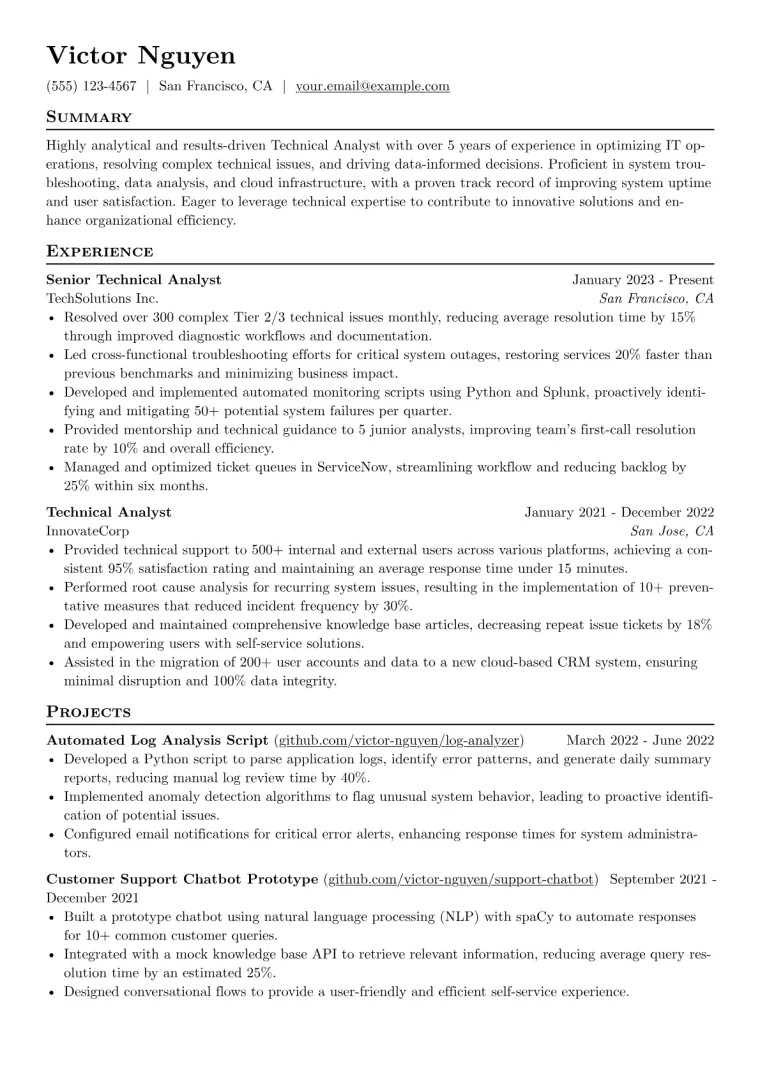 Technical Analyst Resume Example CV template preview