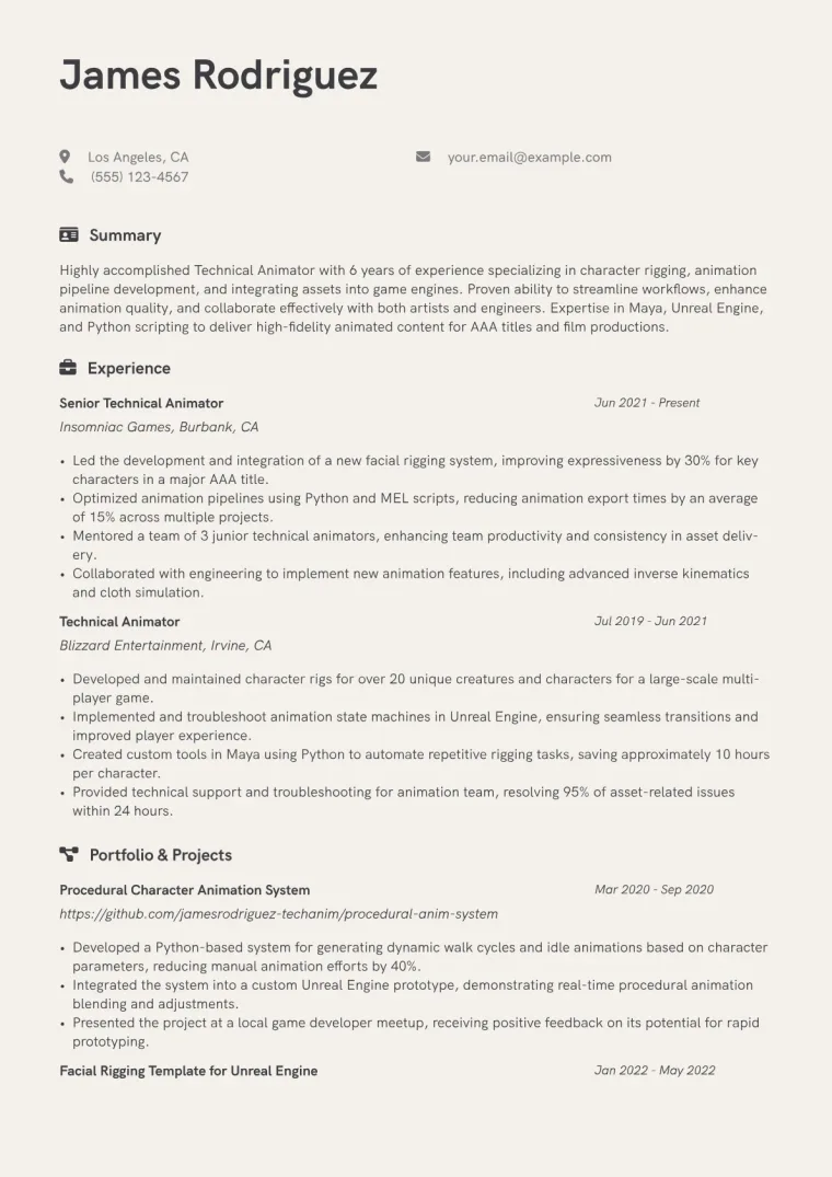 Technical Animator Resume Example CV template preview