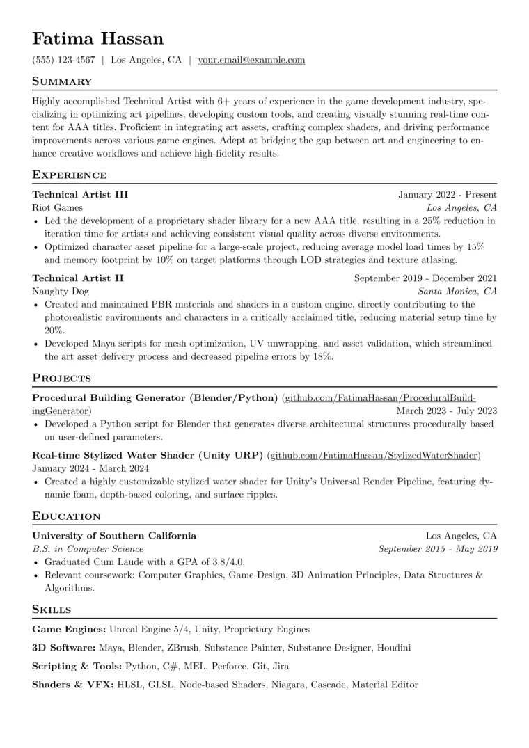 Technical Artist Resume Example CV template preview