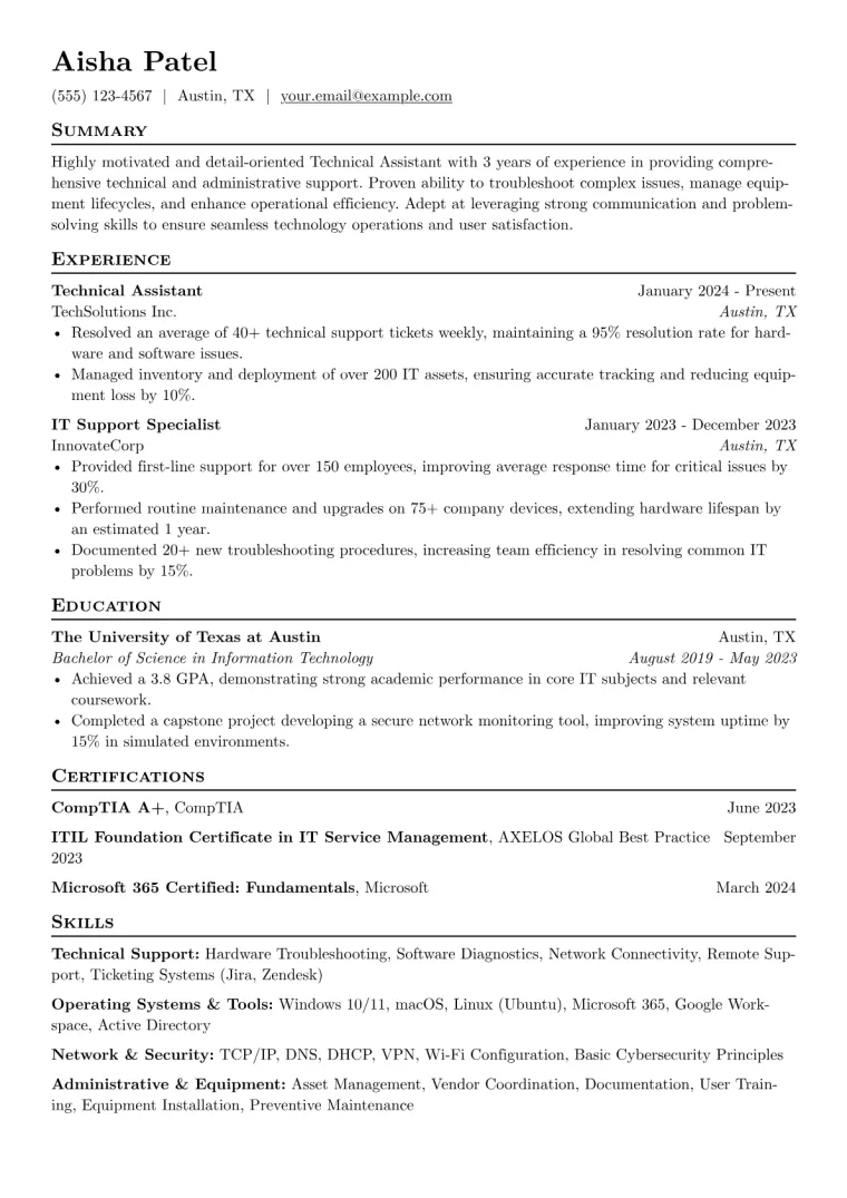 Technical Assistant Resume Example CV template preview