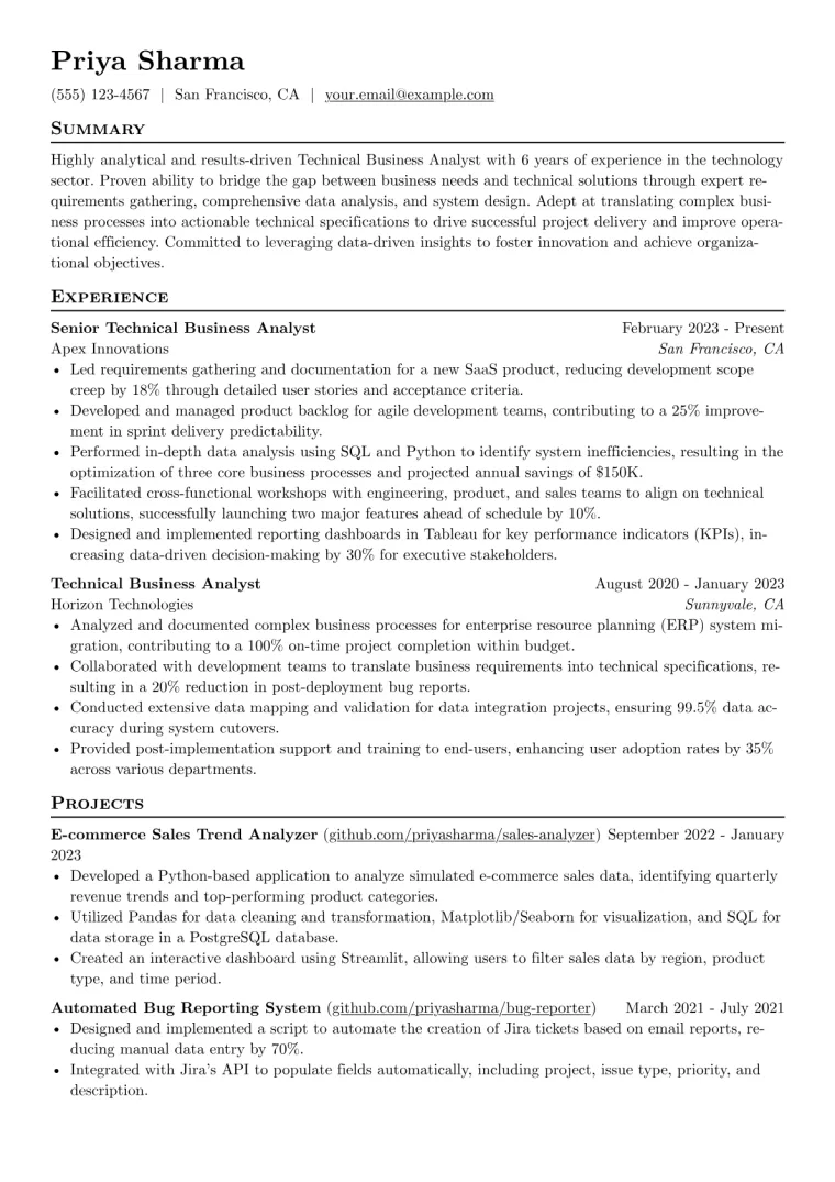 Technical Business Analyst Resume Example CV template preview