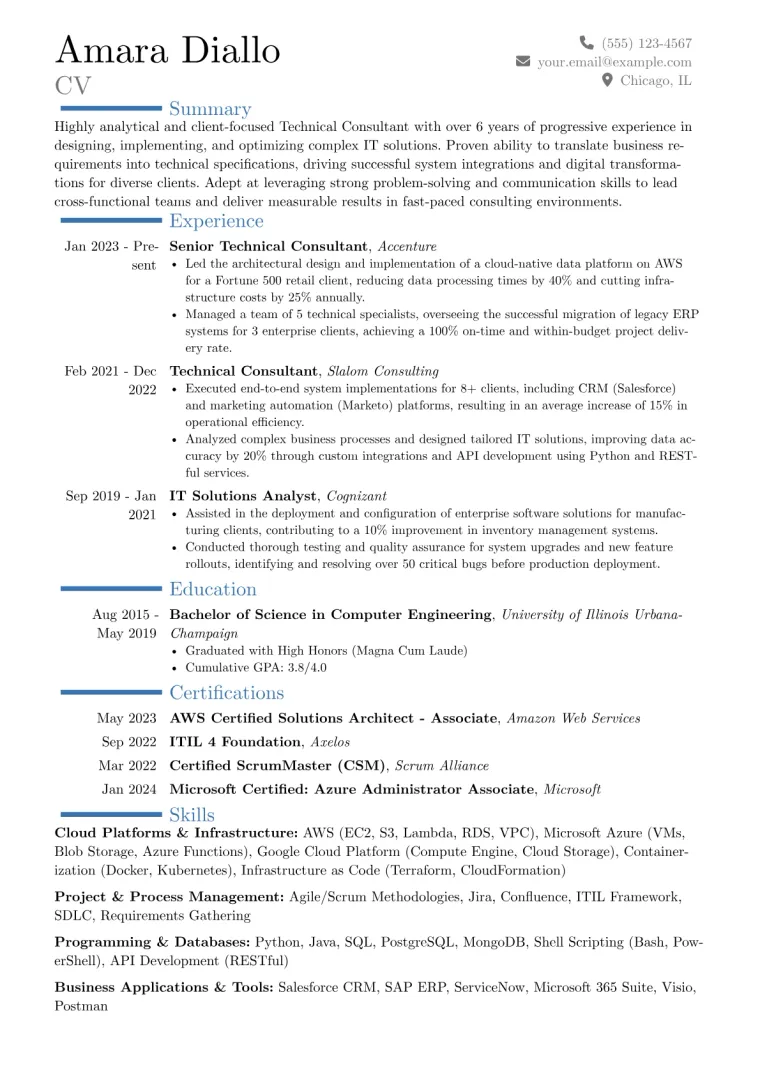 Technical Consultant Resume Example CV template preview