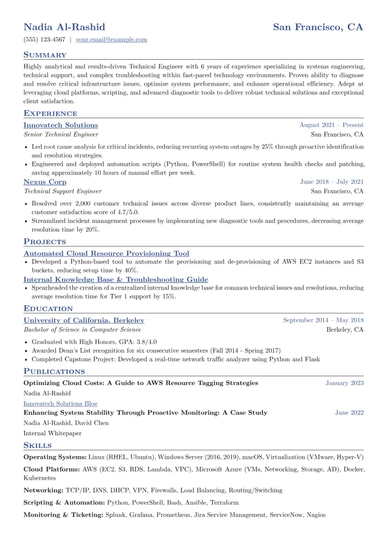 Technical Engineer Resume Example CV template preview