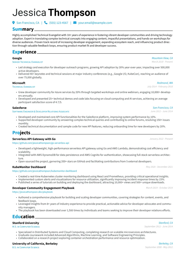 Technical Evangelist Resume Example CV template preview