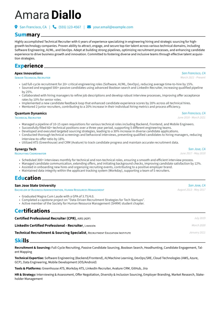 Technical Recruiter Resume Example CV template preview