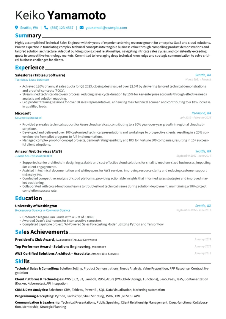 Technical Sales Engineer Resume Example CV template preview