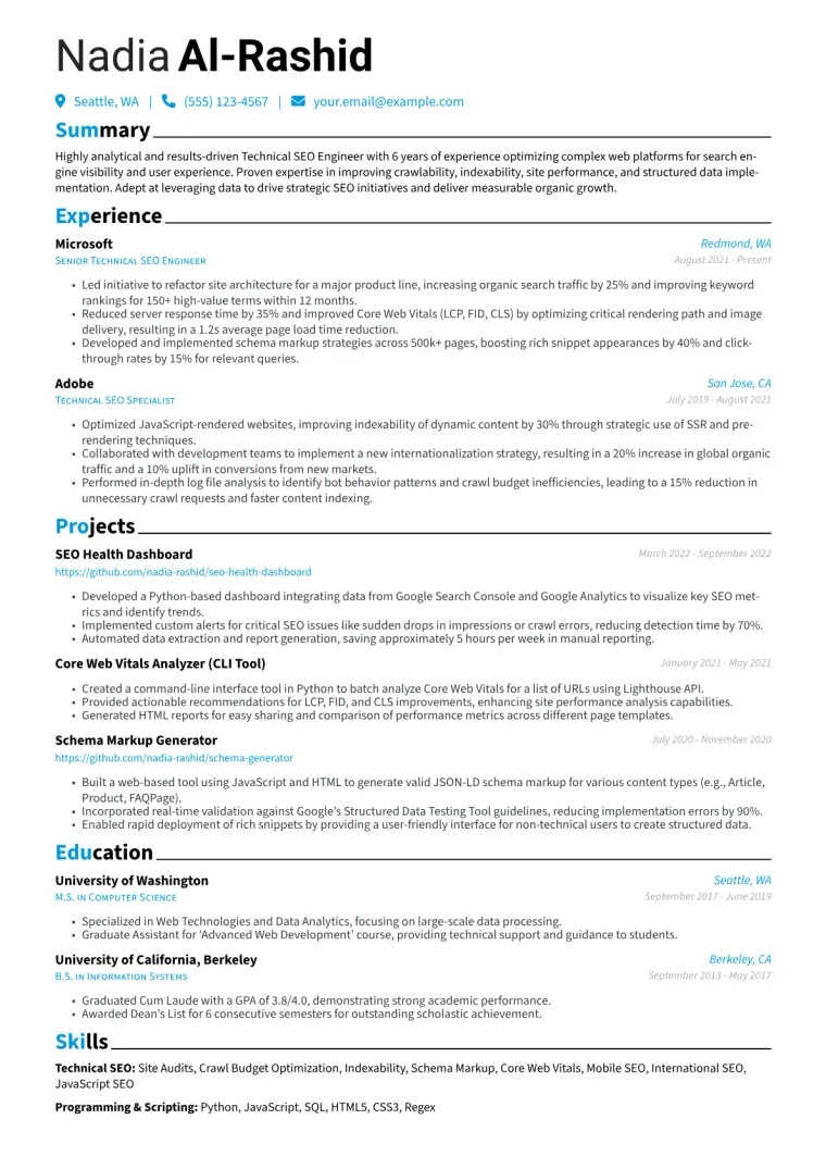 Technical SEO Engineer Resume Example CV template preview