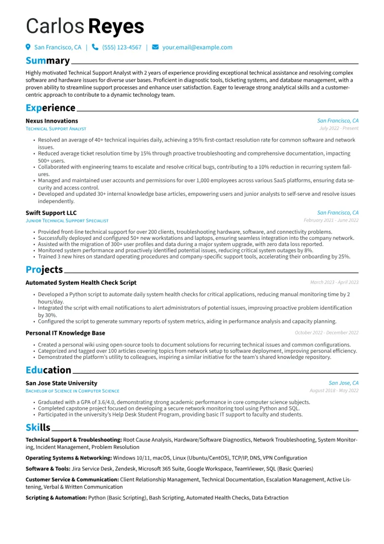 Technical Support Analyst Resume Example CV template preview