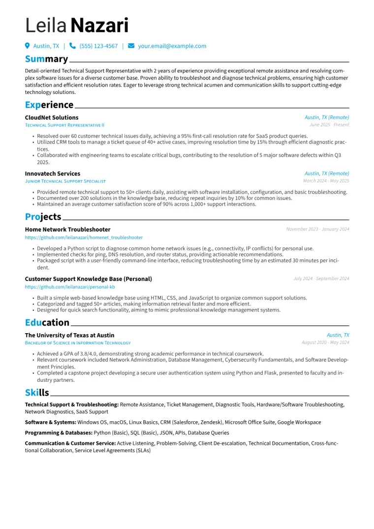 Technical Support Representative Resume Example CV template preview