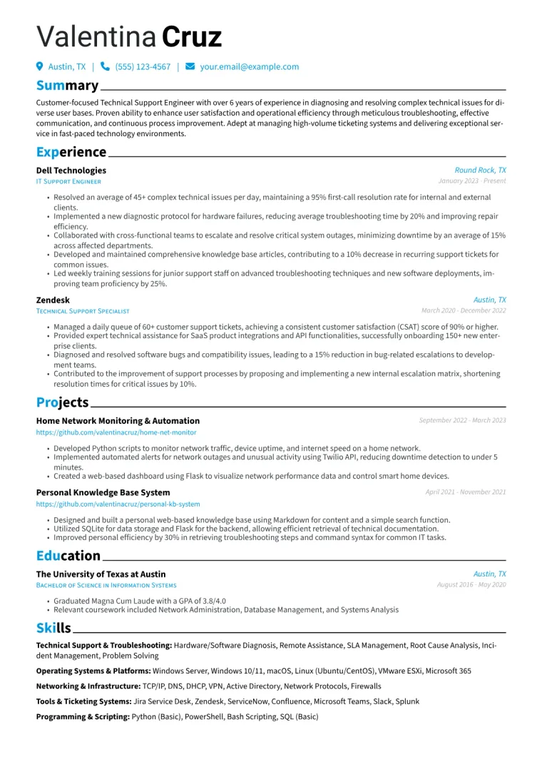 Technical Support Resume Example CV template preview