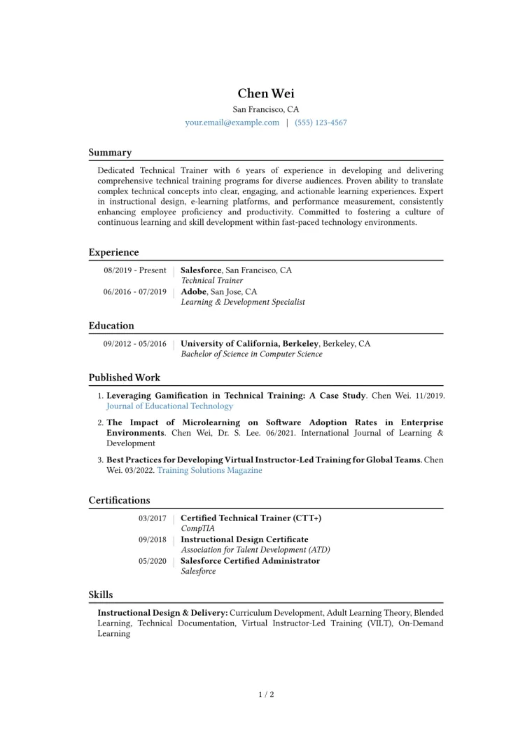 Technical Trainer Resume Example CV template preview
