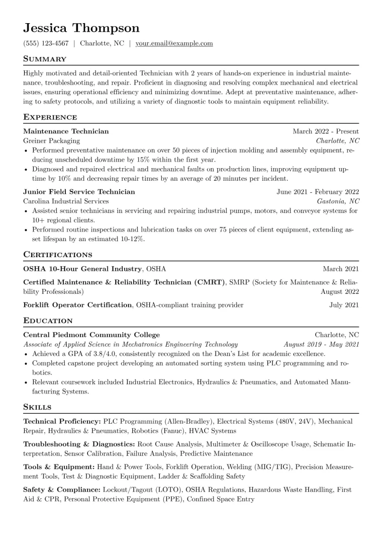 Technician Resume Example CV template preview