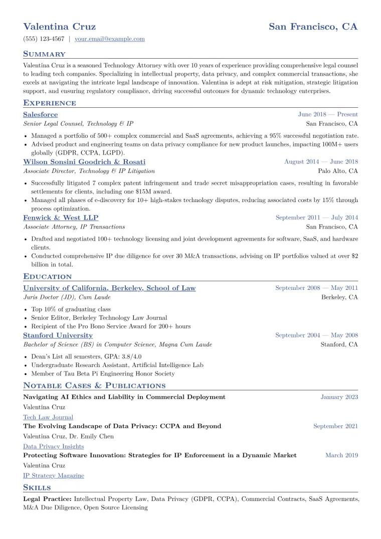 Technology Attorney Resume Example CV template preview