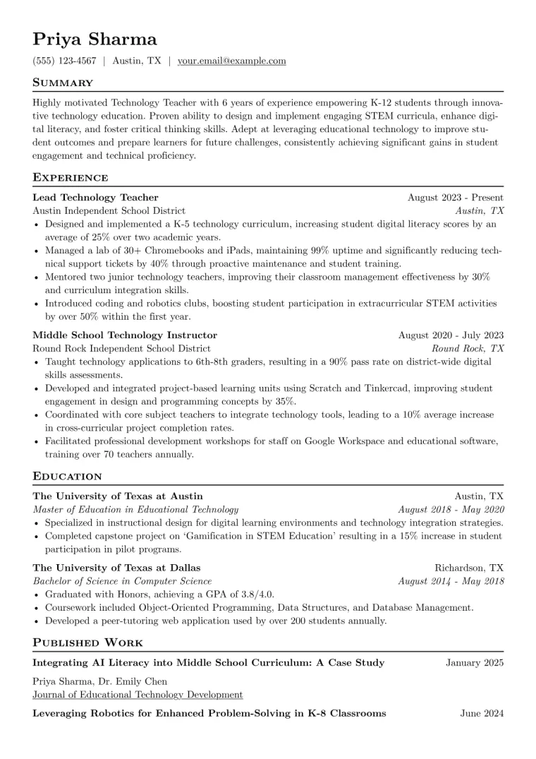 Technology Teacher Resume Example preview
