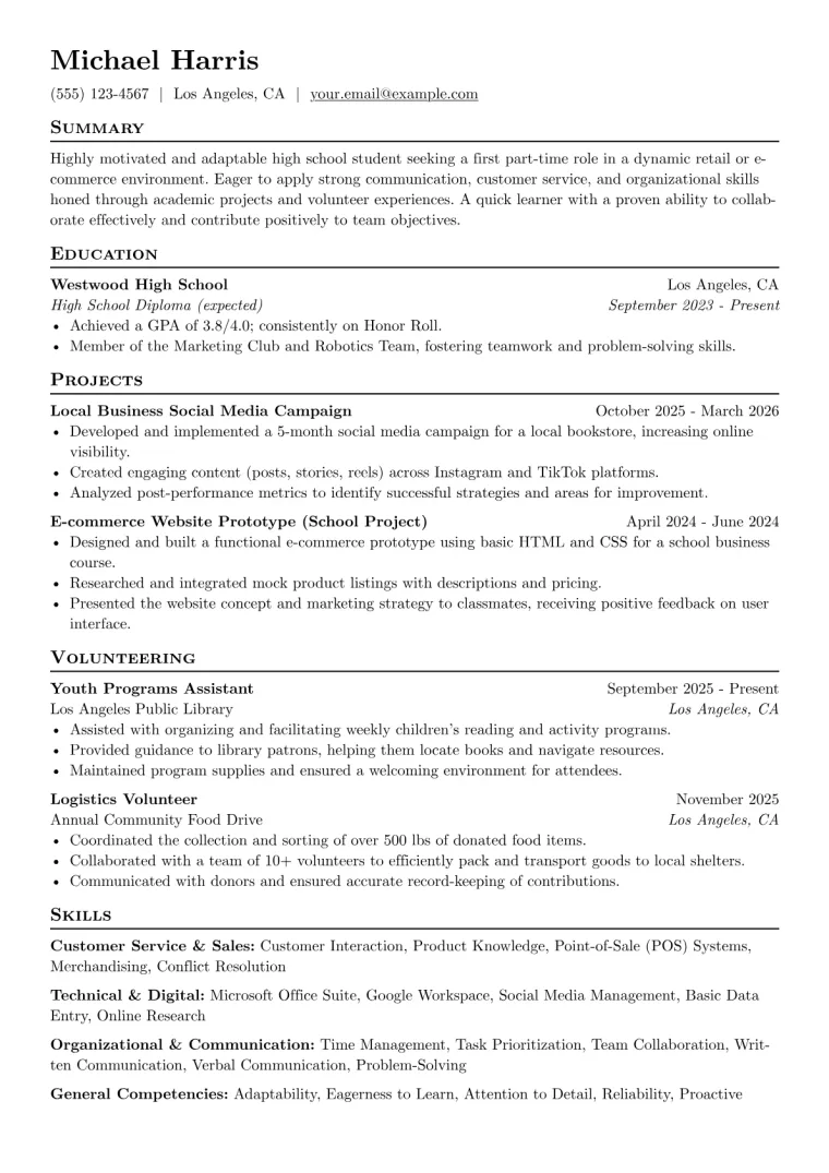 Teen Resume Example CV template preview