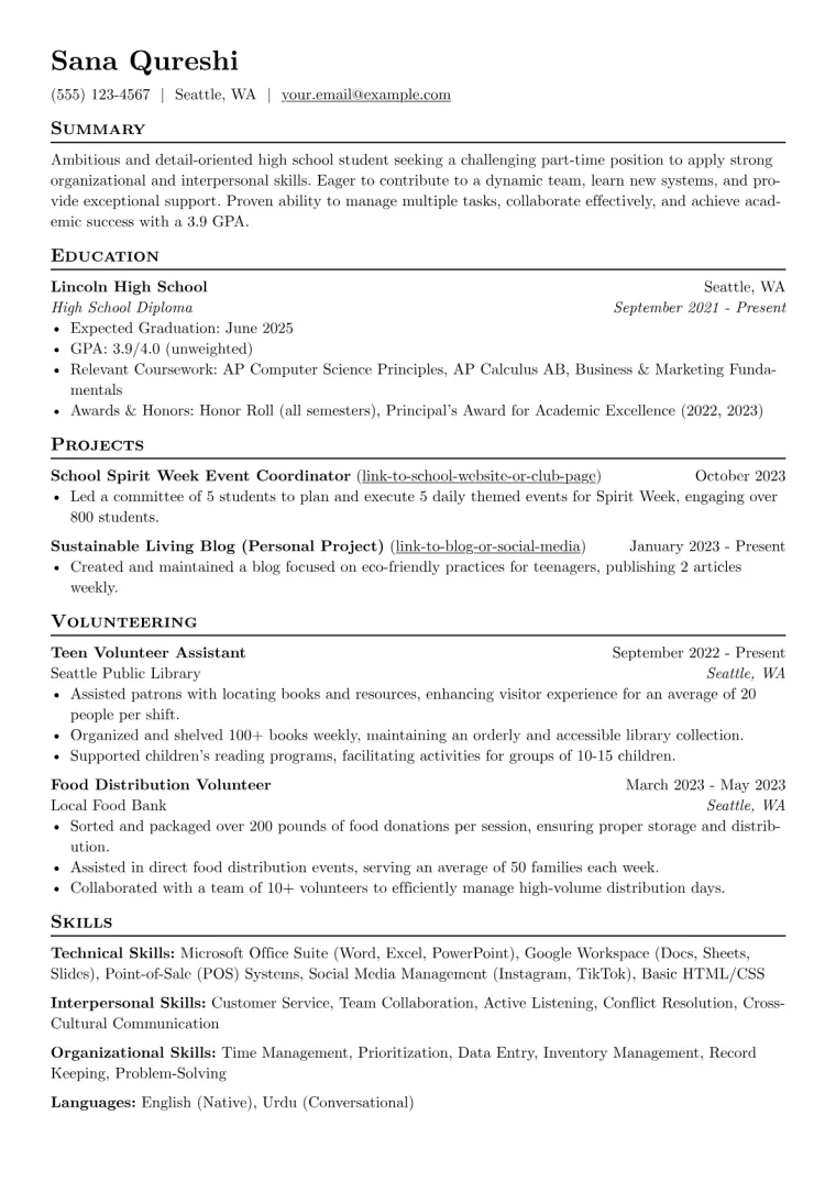 Teenager Resume Example CV template preview