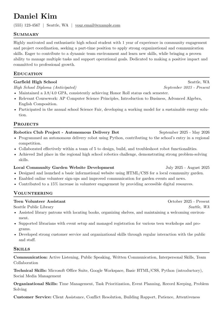 Teens Resume Example preview