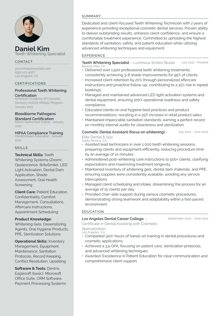 Teeth Whitening Technician Resume Example CV template preview