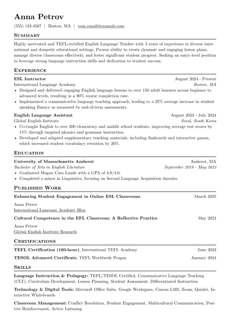 TEFL Teacher Resume Example CV template preview