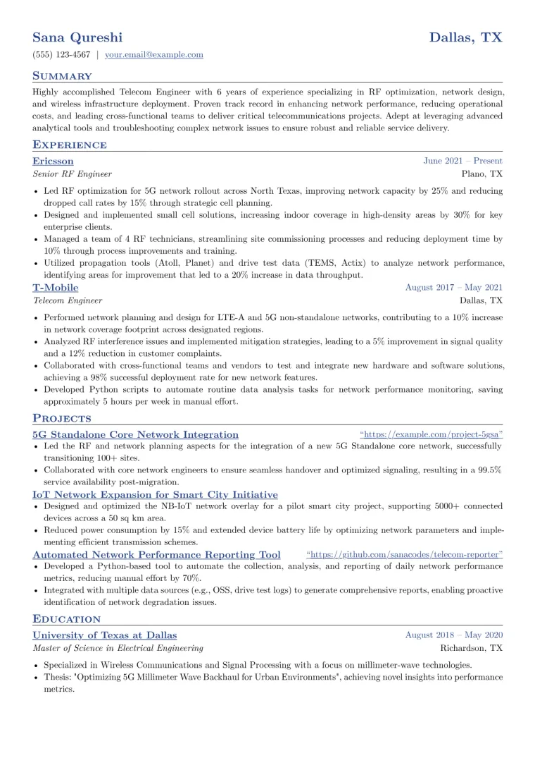 Telecom Engineer Resume Example CV template preview