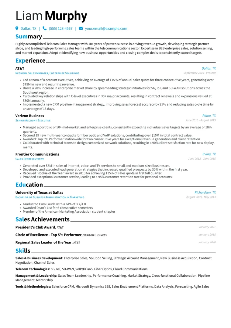 Telecom Sales Manager Resume Example CV template preview