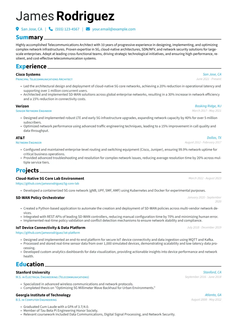 Telecommunications Architect Resume Example CV template preview
