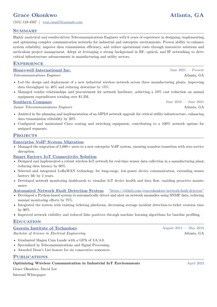 Telecommunications Engineer Resume Example CV template preview