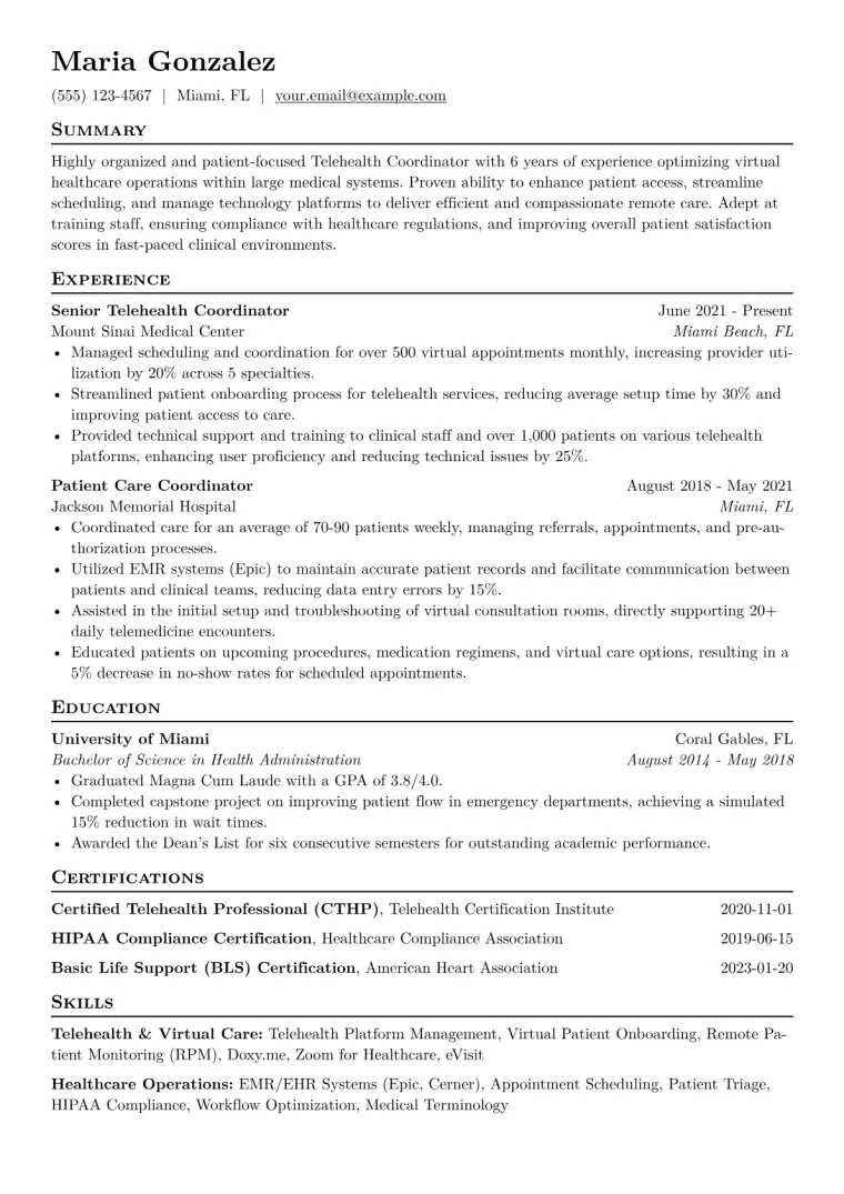 Telehealth Coordinator Resume Example CV template preview