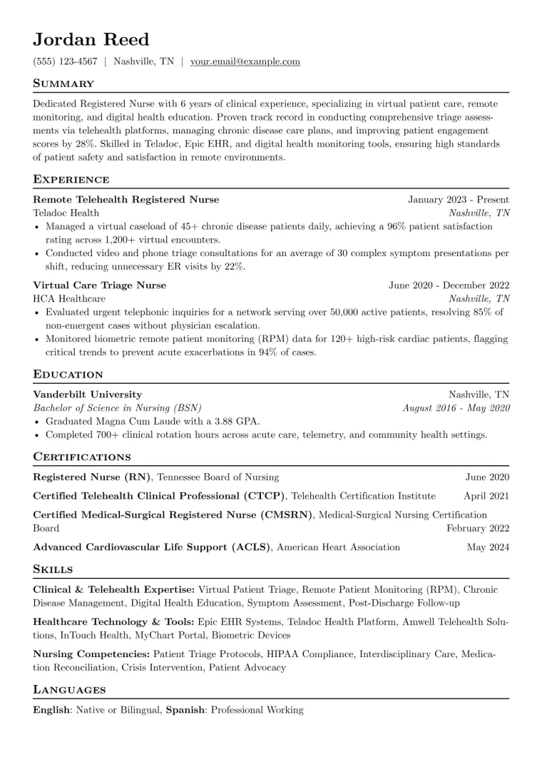 Telehealth Nurse Resume Example CV template preview