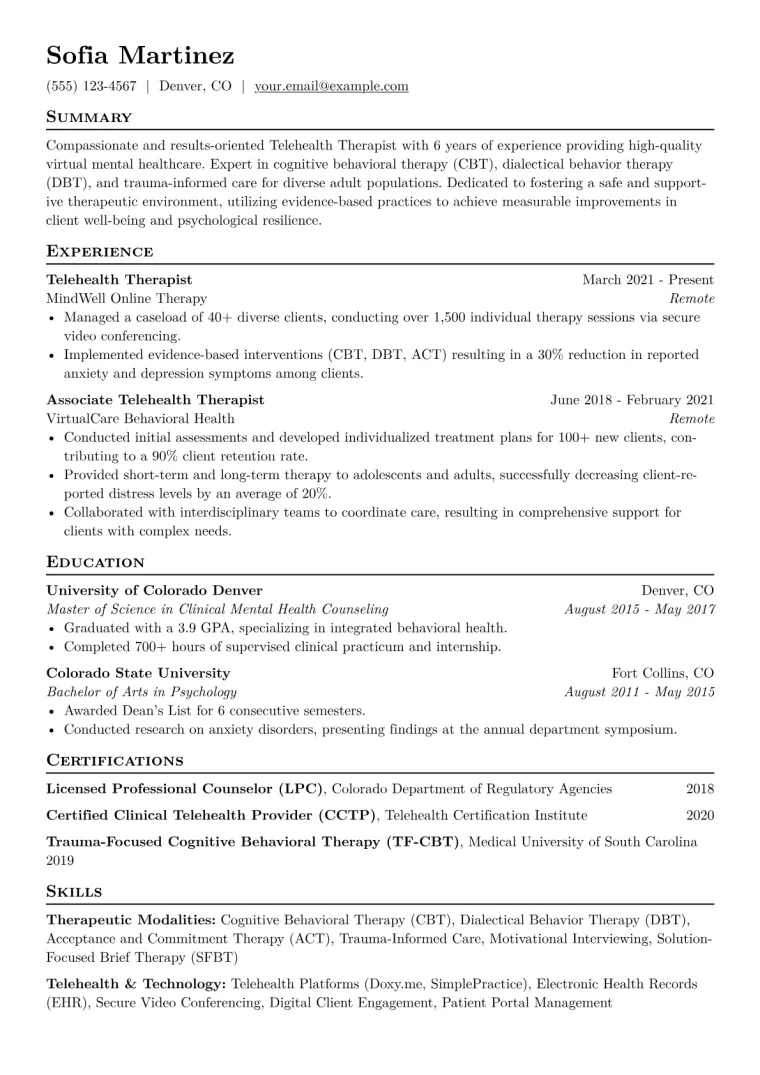 Telehealth Therapist Resume Example CV template preview