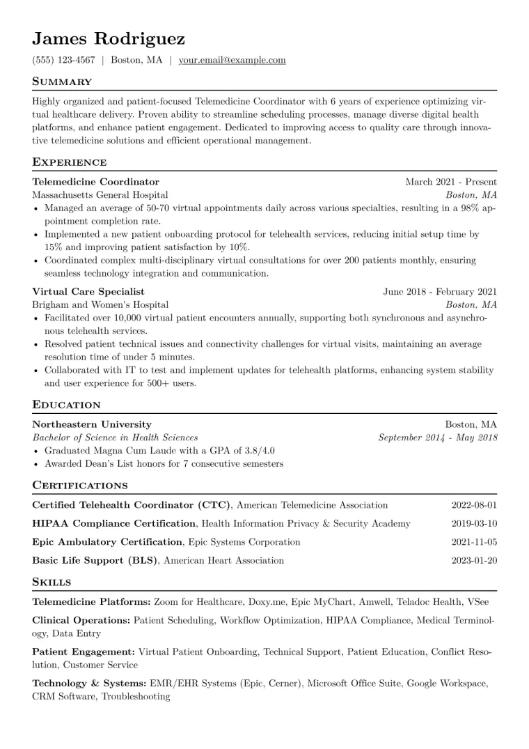 Telemedicine Coordinator Resume Example CV template preview