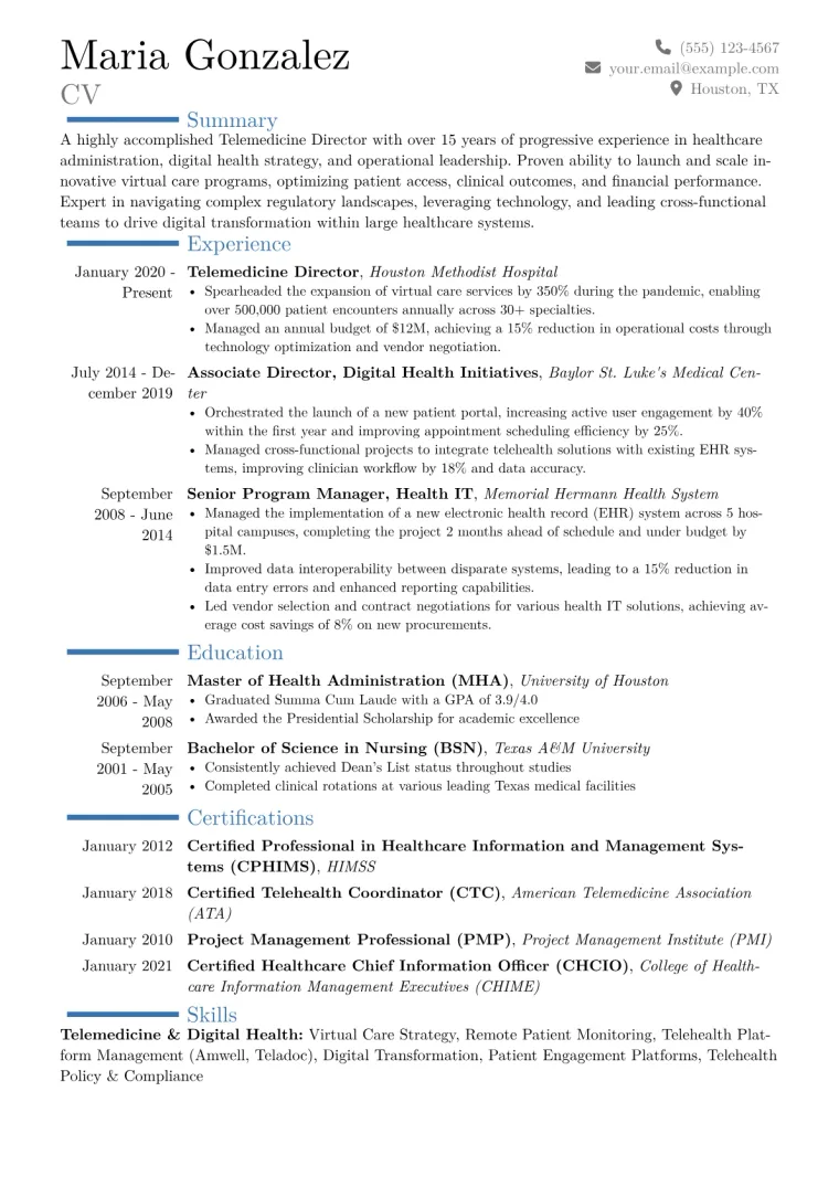 Telemedicine Director Resume Example CV template preview