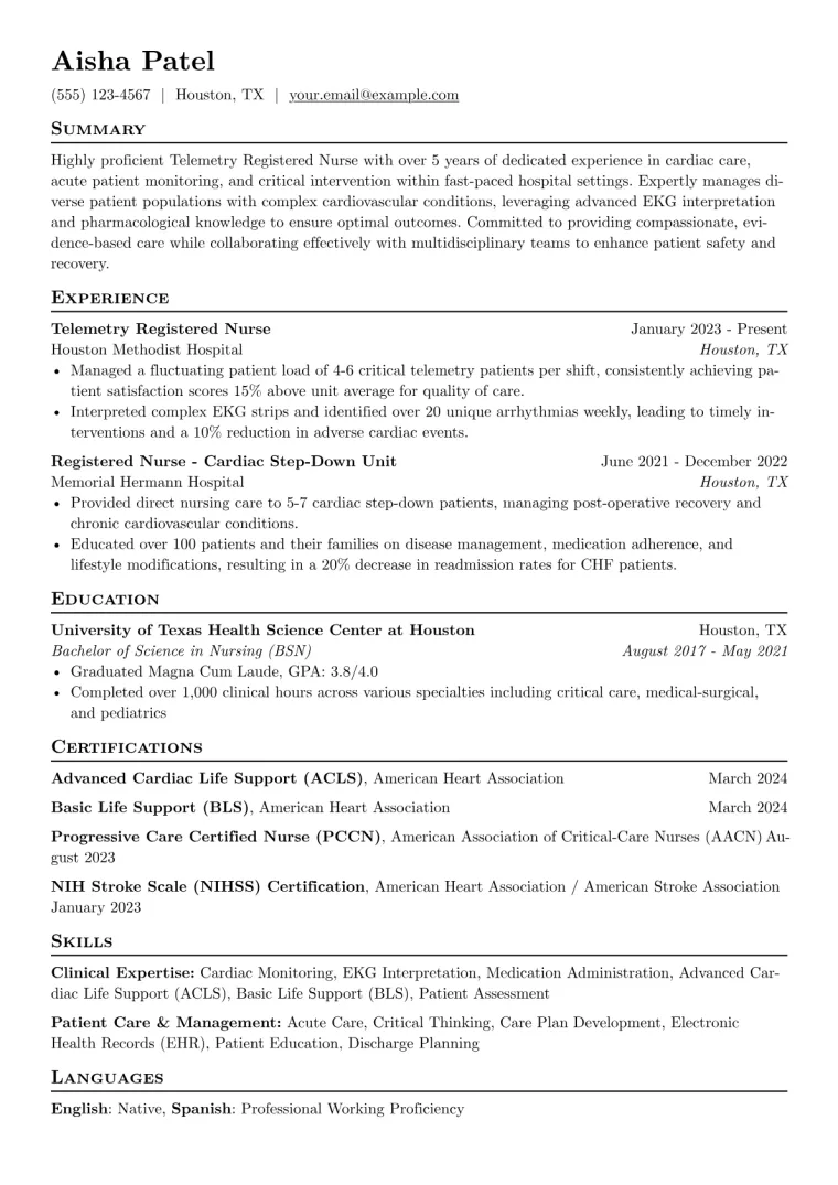 Telemetry Registered Nurse Resume Example CV template preview