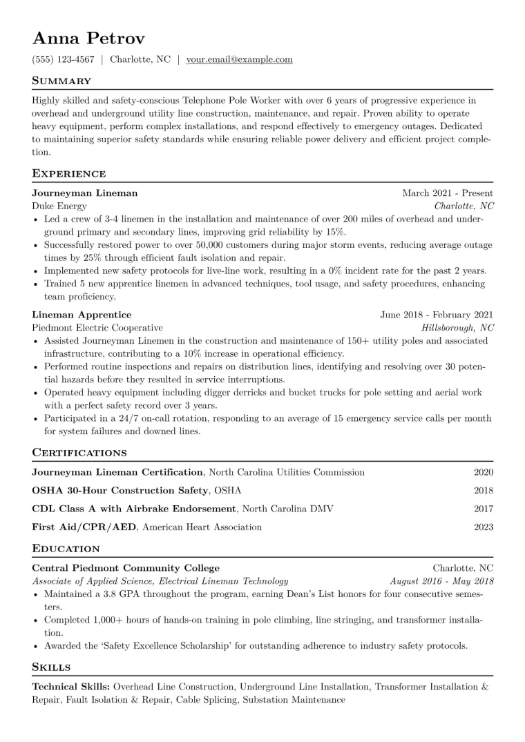 Telephone Pole Worker Resume Example CV template preview